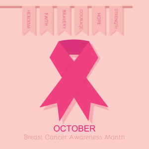 Breast Cancer Awareness pink ribbon poster - with hanging flags on pink background